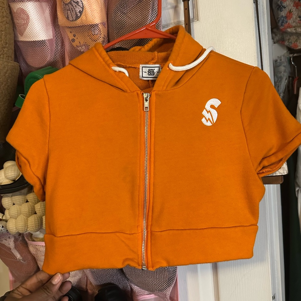 Orange Crop Top with Zip-Up and White Trim